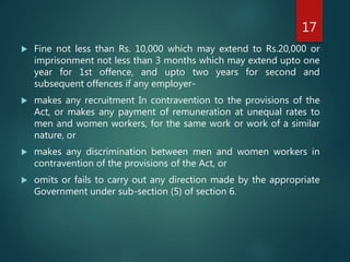  Fine not less than Rs. 10,000 which may extend to Rs.20,000 or
imprisonment not less than 3 months which may extend upto one
year for 1st offence, and upto two years for second and
subsequent offences if any employer-
 makes any recruitment In contravention to the provisions of the
Act, or makes any payment of remuneration at unequal rates to
men and women workers, for the same work or work of a similar
nature, or
 makes any discrimination between men and women workers in
contravention of the provisions of the Act, or
 omits or fails to carry out any direction made by the appropriate
Government under sub-section (5) of section 6.
17
 