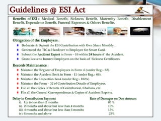 Guidelines @ ESI Act
Benefits of ESI :- Medical Benefit, Sickness Benefit, Maternity Benefit, Disablement
Benefit, Dependents Benefit, Funeral Expenses & Others Benefits.
Obligation of the Employers :
Deducate & Deposit the ESI Contribution with Own Share Monthly.
Generated the TIC & Handover to Employee for Smart Card.
Submit the Accident Report in Form – 16 within 24 hours of the Accident.
Grant Leave to Insured Employees on the basis of Sickness Certificates.
Records Maintenance :
Maintain the Register of Employees in Form -6 (under Reg.:- 32).
Maintain the Accident Book in Form - 11 (under Reg.:- 66).
Maintain the Inspection Book (under Reg.:- 102A).
Maintain the Form – 32 of Contribution Details of Employees.
File all the copies of Return of Contribution, Challans, etc.
File all the General Correspondence & Copies of Accident Reports.
Delay in Contribution Payment Rate of Damages on Due Amount
i). Up to less than 2 months 05 %
ii). 2 months and above but less than 4 months 10%
iii). 4 months and above but less than 6 months 15%
iv). 6 months and above 25%
 