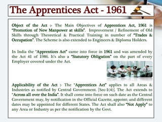 The Apprentices Act - 1961
Object of the Act :- The Main Objectives of Apprentices Act, 1961 is
“Promotion of New Manpower at skills”. Improvement / Refinement of Old
Skills through Theoretical & Practical Training in number of “Trades &
Occupation”. The Scheme is also extended to Engineers & Diploma Holders.
In India the “Apprentices Act” came into force in 1961 and was amended by
the Act 41 of 1986. It’s also a “Statutory Obligation” on the part of every
Employer covered under the Act.
Applicability of the Act :- The “Apprentices Act” applies to all Areas &
Industries as notified by Central Government. [Sec-1(4)]. The Act extends to
“Across all over the India”. It shall come into force on such date as the Central
Government may, by notification in the Official Gazette, appoint; and different
dates may be appointed for different States. The Act shall also “Not Apply” to
any Area or Industry as per the notification by the Govt.
 
