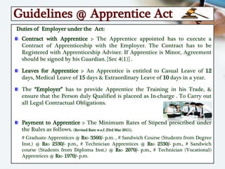 Guidelines @ Apprentice Act
Duties of Employer under the Act:
Contract with Apprentice :- The Apprentice appointed has to execute a
Contract of Apprenticeship with the Employer. The Contract has to be
Registered with Apprenticeship Adviser. If Apprentice is Minor, Agreement
should be signed by his Guardian. [Sec 4(1)] .
Leaves for Apprentice :- An Apprentice is entitled to Casual Leave of 12
days, Medical Leave of 15 days & Extraordinary Leave of 10 days in a year.
The “Employer” has to provide Apprentice the Training in his Trade, &
ensure that the Person duly Qualified is placeed as In-charge . To Carry out
all Legal Contractual Obligations.
Payment to Apprentice :- The Minimum Rates of Stipend prescribed under
the Rules as follows. (Revised Rate w.e.f. 23rd Mar 2011).
# Graduate Apprentices @ Rs:- 3560/- p.m. , # Sandwich Course (Students from Degree
Inst.) @ Rs:- 2530/- p.m., # Technician Apprentices @ Rs:- 2530/- p.m., # Sandwich
course (Students from Diploma Inst.) @ Rs:- 2070/- p.m., # Technician (Vocational)
Apprentices @ Rs:- 1970/- p.m.
 
