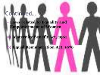 Continued…
• Laws related to Equality and
Empowerment of Women
a) Maternity Benefit Act, 1961
b) Equal Remuneration Act, 1976
 