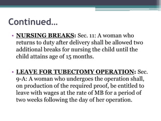 Continued…
• NURSING BREAKS: Sec. 11: A woman who
returns to duty after delivery shall be allowed two
additional breaks for nursing the child until the
child attains age of 15 months.
• LEAVE FOR TUBECTOMY OPERATION: Sec.
9-A: A woman who undergoes the operation shall,
on production of the required proof, be entitled to
leave with wages at the rate of MB for a period of
two weeks following the day of her operation.
 