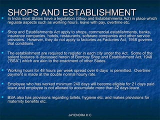 JAYENDRA H CJAYENDRA H C
SHOPS AND ESTABLISHMENTSHOPS AND ESTABLISHMENT In India most States have a legislation (Shop and Establishments Act) in place whichIn India most States have a legislation (Shop and Establishments Act) in place which
regulate aspects such as working hours, leave with pay, overtime etc.regulate aspects such as working hours, leave with pay, overtime etc.
 Shop and Establishments Act apply to shops, commercial establishments, banks,Shop and Establishments Act apply to shops, commercial establishments, banks,
insurance companies, hotels, restaurants, software companies and other serviceinsurance companies, hotels, restaurants, software companies and other service
providers. However, they do not apply to factories as Factories Act, 1948 governsproviders. However, they do not apply to factories as Factories Act, 1948 governs
that conditions.that conditions.
 The establishment are required to register in each city under the Act. Some of theThe establishment are required to register in each city under the Act. Some of the
salient features is discussed herein of Bombay Shop and Establishment Act, 1948salient features is discussed herein of Bombay Shop and Establishment Act, 1948
(“BSA”) which are akin to the enactment of other States.(“BSA”) which are akin to the enactment of other States.
 Working hours for 48 hours per week spread over 6 days is permitted. OvertimeWorking hours for 48 hours per week spread over 6 days is permitted. Overtime
payment is made at the double normal hourly rate.payment is made at the double normal hourly rate.
 Employee who has worked minimum 240 days will become eligible for 21 days paidEmployee who has worked minimum 240 days will become eligible for 21 days paid
leave and employee is not allowed to accumulate more than 42 days leave.leave and employee is not allowed to accumulate more than 42 days leave.
 BSA also has provisions regarding toilets, hygiene etc. and makes provisions forBSA also has provisions regarding toilets, hygiene etc. and makes provisions for
maternity benefits etc.maternity benefits etc.
 