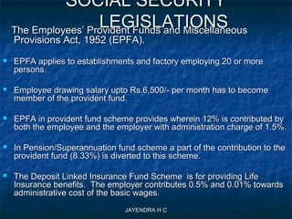 JAYENDRA H CJAYENDRA H C
SOCIAL SECURITYSOCIAL SECURITY
LEGISLATIONSLEGISLATIONSThe Employees’ Provident Funds and MiscellaneousThe Employees’ Provident Funds and Miscellaneous
Provisions Act, 1952 (EPFA).Provisions Act, 1952 (EPFA).
 EPFA applies to establishments and factory employing 20 or moreEPFA applies to establishments and factory employing 20 or more
persons.persons.
 Employee drawing salary upto Rs.6,500/- per month has to becomeEmployee drawing salary upto Rs.6,500/- per month has to become
member of the provident fund.member of the provident fund.
 EPFA in provident fund scheme provides wherein 12% is contributed byEPFA in provident fund scheme provides wherein 12% is contributed by
both the employee and the employer with administration charge of 1.5%.both the employee and the employer with administration charge of 1.5%.
 In Pension/Superannuation fund scheme a part of the contribution to theIn Pension/Superannuation fund scheme a part of the contribution to the
provident fund (8.33%) is diverted to this scheme.provident fund (8.33%) is diverted to this scheme.
 The Deposit Linked Insurance Fund Scheme is for providing LifeThe Deposit Linked Insurance Fund Scheme is for providing Life
Insurance benefits. The employer contributes 0.5% and 0.01% towardsInsurance benefits. The employer contributes 0.5% and 0.01% towards
administrative cost of the basic wages.administrative cost of the basic wages.
 