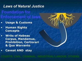 Foundation for
Enforcement of laws
Laws of Natural Justice
• Usage & Customs
• Human Rights
Concepts
• Writs of Habeas
Corpus, Mandamus,
Prohibition, Certiorari
& Quo Warranto
• Caveat AND stay
COURTS: CIVIL, CRIMINAL, INDUSTRIAL/LABOUR, OTHERS
 