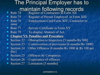 JAYENDRA H CJAYENDRA H C
The Principal Employer has toThe Principal Employer has to
maintain following recordsmaintain following records Rule 74Rule 74 : Register of Contractors in Form XII: Register of Contractors in Form XII
 Rule 75Rule 75 : Register of Person Employed in Form XIII: Register of Person Employed in Form XIII
 Rule 76Rule 76 : Employment Card/Form XIV, Contractor to: Employment Card/Form XIV, Contractor to
issueissue
 Rule 77Rule 77 : Service Certificate in Form XV: Service Certificate in Form XV
 Rule 79Rule 79 : To display Abstract of Act.: To display Abstract of Act.
 Chapter VI: Penalties and ProcedureChapter VI: Penalties and Procedure
 Section 22Section 22 : Obstruction to Inspectors [3 months/Rs 500]: Obstruction to Inspectors [3 months/Rs 500]
 Section 23Section 23 : Contravention of provisions [6 months/Rs 1000]: Contravention of provisions [6 months/Rs 1000]
 Section 24Section 24 : Other Offences [8 months/Rs 1000 & Rs 100 per: Other Offences [8 months/Rs 1000 & Rs 100 per
day]day]
 Section 25Section 25 : Offences by Companies: Offences by Companies
 Section 26Section 26 : Cognizance of offences: Cognizance of offences
 Section 27Section 27 : Limitation [3 months]: Limitation [3 months]
 
