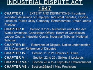 JAYENDRAJAYENDRA
INDUSTRIAL DISPUTE ACTINDUSTRIAL DISPUTE ACT
19471947
 CHAPTER I :CHAPTER I : EXTENT AND DEFINITIONS- It containsEXTENT AND DEFINITIONS- It contains
important definitions of Employer, Industrial disputes, Layoffs,important definitions of Employer, Industrial disputes, Layoffs,
Lockouts, Public Utility Company, Retrenchment, Unfair LabourLockouts, Public Utility Company, Retrenchment, Unfair Labour
PracticePractice
 CHAPTER II :CHAPTER II : Section 3 to 9 - Authorities under the Act:Section 3 to 9 - Authorities under the Act:
Works ommittee, Conciliation Officer, Board of Conciliation,Works ommittee, Conciliation Officer, Board of Conciliation,
Labour Courts, Industrial Courts, Industrial Tribunal, NationalLabour Courts, Industrial Courts, Industrial Tribunal, National
TribunalTribunal
 CHAPTER III :CHAPTER III : Reference of Dispute, Notice under sectionReference of Dispute, Notice under section
22 & Voluntary Reference of Disputes22 & Voluntary Reference of Disputes
 CHAPTER IV :CHAPTER IV : Section 11 to 21 Powers & DutiesSection 11 to 21 Powers & Duties
 CHAPTER V :CHAPTER V : Section 22 to 25 : Strikes & LockoutsSection 22 to 25 : Strikes & Lockouts
 CHAPTER VA :CHAPTER VA : Section 25 A to J Layouts & RetrenchmentSection 25 A to J Layouts & Retrenchment
 CHAPTER VB :CHAPTER VB : Section 26 to 31 Misc ProvisionsSection 26 to 31 Misc Provisions
 