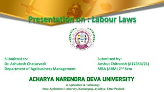 Presentation on : Labour Laws
Submitted to:
Dr. Ashutosh Chaturvedi
Department of Agribusiness Management
Submitted by:
Anshut Chitransh (A12354/21)
MBA (ABM) 2nd Sem
 