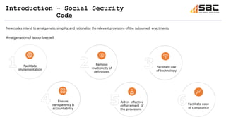 Introduction – Social Security
Code
New codes intend to amalgamate, simplify, and rationalize the relevant provisions of the subsumed enactments.
Amalgamation of labour laws will
Facilitate
implementation
Remove
multiplicity of
definitions
Facilitate use
of technology
Ensure
transparency &
accountability
Aid in effective
enforcement of
the provisions
Facilitate ease
of compliance
 