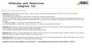 Offences and Penalties
(chapter 12)
Section: 138 - Compounding of Offences
Subsection (1) Offense which is part of Chapter 13 & not included in Code of Criminal Procedure, 1973, which is for the 1st time shall be :
(i) punishable with fine only; or
(ii) punishable with imprisonment for a term which is not more than one year and also with fine
These on an application made to institution of any prosecution, in such manner as may be prescribed by the appropriate Government , be
compounded by an officer authorized by the Central Government on payment by the offender to the appropriate Government as per the below
amounts—
(i) Offence punishable - ½ of the max. fine provided for that offence;
(ii) Offence punishable + imprisonment - Max. term of 1 year + ¾ of max. fine provided for that offence
Subsection (2) Sub Section (1) shall not apply for offence committed by a person for 2nd second time or within a period of 3years from the date of –
(i) of commission of a similar offence which was earlier compounded; or
(ii) of commission of similar offence for which such person was earlier convicted
Subsection (5) If offence is compounded before the institution of any prosecution, no prosecution shall be instituted in relation to such offence,
against the offender in relation to whom the offence is so compounded.
Subsection (6) Where the compounding of any offence is made, on such notice of the compounding of the offence being given to the court, the
person against whom the offence is so compounded shall be discharged.
Subsection (7) Fine on non-compliance of sub-section (1) = Sum equivalent to 20% of the max. fine for offence + The fine.
 