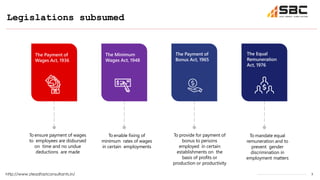 3
Legislations subsumed
http://www.steadfastconsultants.in/
The Payment of
Wages Act, 1936
The Payment of
Bonus Act, 1965
The Equal
Remuneration
Act, 1976
To ensure payment of wages
to employees are disbursed
on time and no undue
deductions are made
To enable fixing of
minimum rates of wages
in certain employments
To provide for payment of
bonus to persons
employed in certain
establishments on the
basis of profits or
production or productivity
To mandate equal
remuneration and to
prevent gender
discrimination in
employment matters
The Minimum
Wages Act, 1948
 
