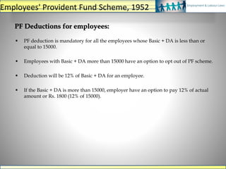 PF Deductions for employees:
 PF deduction is mandatory for all the employees whose Basic + DA is less than or
equal to 15000.
 Employees with Basic + DA more than 15000 have an option to opt out of PF scheme.
 Deduction will be 12% of Basic + DA for an employee.
 If the Basic + DA is more than 15000, employer have an option to pay 12% of actual
amount or Rs. 1800 (12% of 15000).
Employees' Provident Fund Scheme, 1952
 