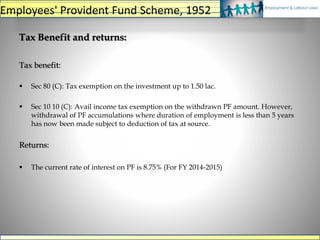 Tax benefit:
 Sec 80 (C): Tax exemption on the investment up to 1.50 lac.
 Sec 10 10 (C): Avail income tax exemption on the withdrawn PF amount. However,
withdrawal of PF accumulations where duration of employment is less than 5 years
has now been made subject to deduction of tax at source.
Returns:
 The current rate of interest on PF is 8.75% (For FY 2014-2015)
Tax Benefit and returns:
Employees' Provident Fund Scheme, 1952
 