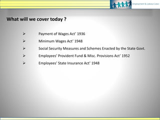 What will we cover today ?
 Payment of Wages Act’ 1936
 Minimum Wages Act’ 1948
 Social Security Measures and Schemes Enacted by the State Govt.
 Employees’ Provident Fund & Misc. Provisions Act’ 1952
 Employees’ State Insurance Act’ 1948
 