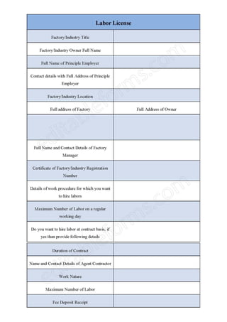 Labour License Fillable PDF Template Download