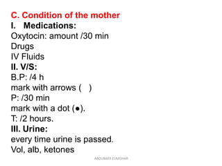 C. Condition of the mother
I. Medications:
Oxytocin: amount /30 min
Drugs
IV Fluids
II. V/S:
B.P: /4 h
mark with arrows ( ...