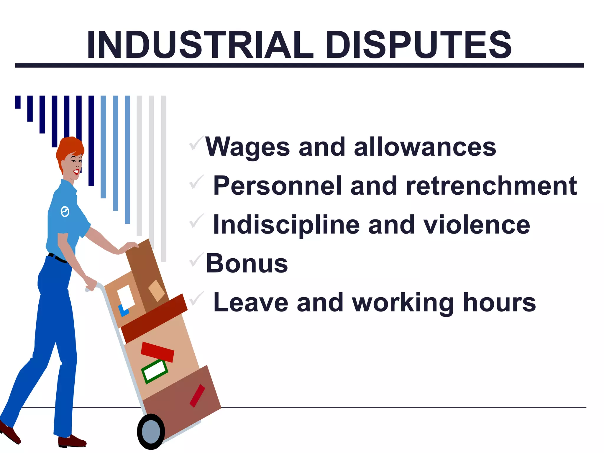 INDUSTRIAL DISPUTES Wages and allowances  Personnel and retrenchment  Indiscipline and violence  Bonus  Leave and working hours  