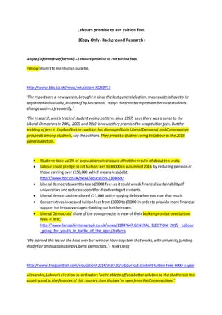 Labours promise to cut tuition fees
(Copy Only- Background Research)
Angle (informative/factual) –Labourspromise to cut tuitionfees.
Yellow:Pointstomentioninbulletin.
http://www.bbc.co.uk/news/education-30252713
‘The reportsaysa newsystem,broughtin since the last generalelection, meansvotershaveto be
registered individually,instead of by household.Itsaysthatcreatesa problembecausestudents
changeaddressfrequently.’
‘The research,which tracked studentvoting patternssince1997, saystherewasa surgeto the
Liberal Democratsin 2001, 2005 and 2010 becausethey promised to scrap tuition fees. Butthe
trebling of feesin England by thecoalition hasdamaged both LiberalDemocratand Conservative
prospectsamong students, say theauthors. They predicta studentswing to Labouratthe 2015
generalelection.’
 Studentstake up3% of populationwhichcouldaffectthe resultsof abouttenseats.
 Labour could pledge tocut tuitionfeesto£6000 in autumnof 2016 by reducingpensionof
those earningover£150,000 whichmeanslessdebt.
http://www.bbc.co.uk/news/education-31640592
 Liberal democratswantto keep£9000 feesas itcouldwreckfinancial sustainabilityof
universitiesandreduce supportfor disadvantagedstudents.
 Liberal democratsintroduced£21,000 policy- payingdebtswhenyouearnthatmuch.
 Conservativesincreasedtuitionfeesfrom£3000 to £9000 inorderto provide more financial
supportfor lessadvantaged- lookingoutfortheirown.
 Liberal Democrats’ share of the youngervote inview of their brokenpromise overtuition
feesin2010.
http://www.lancashiretelegraph.co.uk/news/11847647.GENERAL_ELECTION_2015__Labour
_going_for_youth_in_battle_of_the_ages/?ref=rss
‘We learned this lesson the hard way butwe now havea systemthatworks,with university funding
madefair and sustainableby Liberal Democrats.’- NickClegg
http://www.theguardian.com/education/2014/mar/30/labour-cut-student-tuition-fees-6000-a-year
Alexander,Labour'selectionco-ordinator:‘we'reableto offera better solution to the studentsin this
country and to the financesof this country than thatwe'veseen fromtheConservatives.’
 