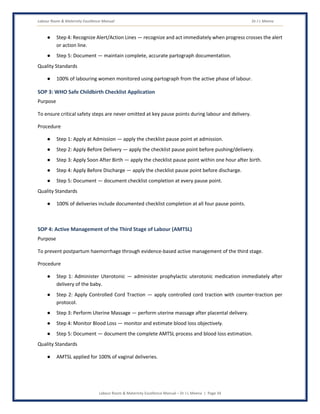 Labour Room & Maternity Excellence Manual Dr J L Meena
Labour Room & Maternity Excellence Manual – Dr J L Meena | Page 34
● Step 4: Recognize Alert/Action Lines — recognize and act immediately when progress crosses the alert
or action line.
● Step 5: Document — maintain complete, accurate partograph documentation.
Quality Standards
● 100% of labouring women monitored using partograph from the active phase of labour.
SOP 3: WHO Safe Childbirth Checklist Application
Purpose
To ensure critical safety steps are never omitted at key pause points during labour and delivery.
Procedure
● Step 1: Apply at Admission — apply the checklist pause point at admission.
● Step 2: Apply Before Delivery — apply the checklist pause point before pushing/delivery.
● Step 3: Apply Soon After Birth — apply the checklist pause point within one hour after birth.
● Step 4: Apply Before Discharge — apply the checklist pause point before discharge.
● Step 5: Document — document checklist completion at every pause point.
Quality Standards
● 100% of deliveries include documented checklist completion at all four pause points.
SOP 4: Active Management of the Third Stage of Labour (AMTSL)
Purpose
To prevent postpartum haemorrhage through evidence-based active management of the third stage.
Procedure
● Step 1: Administer Uterotonic — administer prophylactic uterotonic medication immediately after
delivery of the baby.
● Step 2: Apply Controlled Cord Traction — apply controlled cord traction with counter-traction per
protocol.
● Step 3: Perform Uterine Massage — perform uterine massage after placental delivery.
● Step 4: Monitor Blood Loss — monitor and estimate blood loss objectively.
● Step 5: Document — document the complete AMTSL process and blood loss estimation.
Quality Standards
● AMTSL applied for 100% of vaginal deliveries.
 