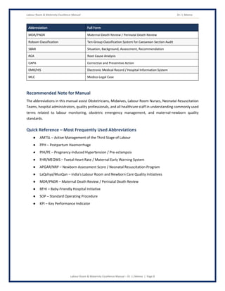 Labour Room & Maternity Excellence Manual Dr J L Meena
Labour Room & Maternity Excellence Manual – Dr J L Meena | Page 8
Abbreviation Full Form
MDR/PNDR Maternal Death Review / Perinatal Death Review
Robson Classification Ten-Group Classification System for Caesarean Section Audit
SBAR Situation, Background, Assessment, Recommendation
RCA Root Cause Analysis
CAPA Corrective and Preventive Action
EMR/HIS Electronic Medical Record / Hospital Information System
MLC Medico-Legal Case
Recommended Note for Manual
The abbreviations in this manual assist Obstetricians, Midwives, Labour Room Nurses, Neonatal Resuscitation
Teams, hospital administrators, quality professionals, and all healthcare staff in understanding commonly used
terms related to labour monitoring, obstetric emergency management, and maternal-newborn quality
standards.
Quick Reference – Most Frequently Used Abbreviations
● AMTSL – Active Management of the Third Stage of Labour
● PPH – Postpartum Haemorrhage
● PIH/PE – Pregnancy-Induced Hypertension / Pre-eclampsia
● FHR/MEOWS – Foetal Heart Rate / Maternal Early Warning System
● APGAR/NRP – Newborn Assessment Score / Neonatal Resuscitation Program
● LaQshya/MusQan – India's Labour Room and Newborn Care Quality Initiatives
● MDR/PNDR – Maternal Death Review / Perinatal Death Review
● BFHI – Baby-Friendly Hospital Initiative
● SOP – Standard Operating Procedure
● KPI – Key Performance Indicator
 