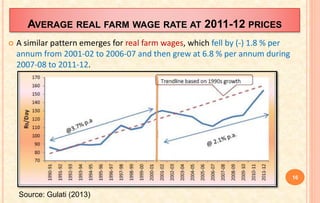 AVERAGE REAL FARM WAGE RATE AT 2011-12 PRICES
 A similar pattern emerges for real farm wages, which fell by (-) 1.8 % per
annum from 2001-02 to 2006-07 and then grew at 6.8 % per annum during
2007-08 to 2011-12.
16
Source: Gulati (2013)
 