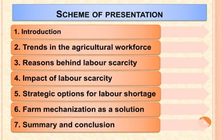 SCHEME OF PRESENTATION
1. Introduction
2. Trends in the agricultural workforce
3. Reasons behind labour scarcity
4. Impact of labour scarcity
5. Strategic options for labour shortage
6. Farm mechanization as a solution
7. Summary and conclusion 2
 