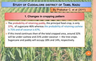 STUDY OF CUDDALORE DISTRICT OF TAMIL NADU
 The probability of retaining paddy, the principal food crop, is only
37%, of sugarcane 46% whereas the probability of retaining cashew
is 75% and of coconut is 67%.
 If this trend continues then of the total cropped area, around 32%
will be under cashew and 21% under coconut — the tree crops.
Sugarcane and paddy will occupy 18% and 14%, respectively.
1. Changes in cropping pattern
- By Prabakar C. et al (2011)
28
 