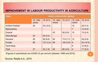 IMPROVEMENT IN LABOUR PRODUCTIVITY IN AGRICULTURE
State Labour productivity (kg/day)
TE 1999
paddy
TE 2010 TE 1999
wheat
TE 2010 TE 1999
cotton
TE 2010
Andhra Pradesh 35 33 (-0.5) 10 22 (7.4)
Maharashtra 7 12 (5.0)
Gujarat 43 59 (2.9) 10 13 (2.4)
West Bengal 24 25 (0.4)
Haryana 55 59 (0.6) 94 113 (1.7) 12 20 (4.8)
Punjab 88 127 (3.4) 99 185 (5.8) 8 24 (10.5)
Tamil Nadu 6 12 (6.5)
Total 37 45 (1.8) 58 88 (3.9) 9 17 (6.0)
49(Figures in parenthesis are CAGR (% per annum) between 1999 and 2010)
Source: Reddy A.A., 2015
 