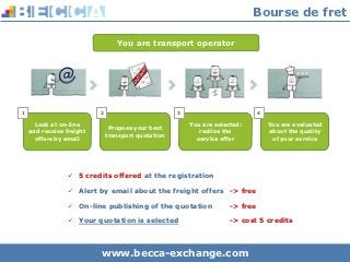 Bourse de fret

                                 You are transport operator




1                         2                         3                          4

      Look at on-line                                   You are selected:          You are evaluated
                               Propose your best
    and receive freight                                    realize the             about the quality
                              transport quotation
      offers by email                                     service offer             of your service




                  5 credits offered at the registration

                  Alert by email about the freight offers -> free

                  On-line publishing of the quotation               -> free

                  Your quotation is selected                        -> cost 5 credits



                          www.becca-exchange.com
 