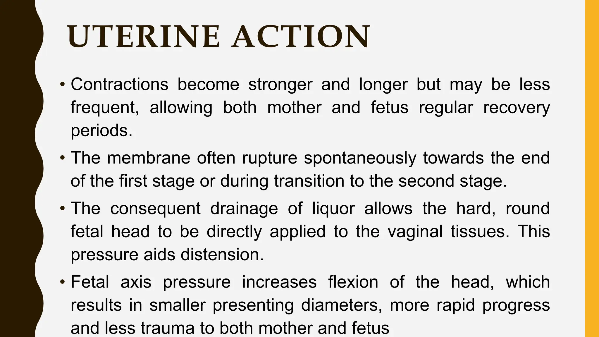 UTERINE ACTION
• Contractions become stronger and longer but may be less
frequent, allowing both mother and fetus regular recovery
periods.
• The membrane often rupture spontaneously towards the end
of the first stage or during transition to the second stage.
• The consequent drainage of liquor allows the hard, round
fetal head to be directly applied to the vaginal tissues. This
pressure aids distension.
• Fetal axis pressure increases flexion of the head, which
results in smaller presenting diameters, more rapid progress
and less trauma to both mother and fetus
 