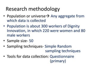 Research methodology
• Population or universe Any aggregate from
which data is collected
• Population is about 300 workers of Dignity
Innovation, in which 220 were women and 80
male workers
• Sample size- 50
• Sampling techniques- Simple Random
sampling techniques
• Tools for data collection: Questionnaire
(primary)