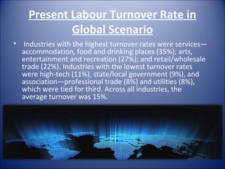 Present Labour Turnover Rate in
            Global Scenario
• Industries with the highest turnover rates were services—
  accommodation, food and drinking places (35%); arts,
  entertainment and recreation (27%); and retail/wholesale
  trade (22%). Industries with the lowest turnover rates
  were high-tech (11%), state/local government (9%), and
  association—professional trade (8%) and utilities (8%),
  which were tied for third. Across all industries, the
  average turnover was 15%.
 