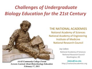 Challenge s  of Undergraduate Biology Education for the 21st Century   THE NATIONAL ACADEMIES National Academy of Sciences National Academy of Engineering  Institute of Medicine National Research Council Jay Labov   National Academy of Sciences National Research Council Washington, DC   [email_address]   http://nationalacademies.org AAAS Community College Forum Lessons Learned About Biotechnology Education February 17, 2011 
