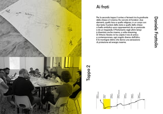Tappa1
PiazzaDuomo
Tappa2
Aifrati
Tappa3
ViaManin
Tappa4
ViaSanGottardo
Tappa5
ViaCavour
Tappa6
ViaRoma
Tappa7
ViaCaprera
DanieleFrattolin
Tappa2
Per la seconda tappa il corteo si fermerà tra le gradinate
della chiesa e il cinema. Ho cercato di fondere i due
elementi, quello laico e quello religioso, in un corpo con
due teste. Il potere dello stato e quello della chiesa
a livello simbolico sono rappresentati da un pastorale
e da un treppiede. Il Parlamento negli ultimi tempi
è diventato anche cinema, a volte streaming.
Di Vittorio Veneto mi ha colpito il mix di antico
e contemporaneo, ogni angolo diverso dall’altro.
E le montagne dietro che danno una sensazione
di protezione ed energia insieme.
Ai frati
 
