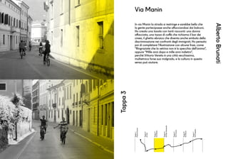 Tappa1
PiazzaDuomo
Tappa2
Aifrati
Tappa3
ViaManin
Tappa4
ViaSanGottardo
Tappa5
ViaCavour
Tappa6
ViaRoma
Tappa7
ViaCaprera
AlbertoBrunati
Tappa3
In via Manin la strada si restringe e sarebbe bello che
la gente partecipasse anche affacciandosi dai balconi.
Ho creato una tavola con tanti racconti: una donna
affacciata, una tazza di caffè che richiama il bar dei
cinesi, il ghetto ebraico che diventa anche simbolo della
discriminazione nei confronti degli immigrati. Ho pensato
poi di completare l’illustrazione con alcune frasi, come
“Ringraziate che la vetrina non è lo specchio dell’anima”,
oppure “Mille anni dopo e mille anni indietro”,
perché Vittorio Veneto è una città vecchissima,
multietnica forse suo malgrado, e la cultura in questo
senso può aiutare.
Via Manin
 