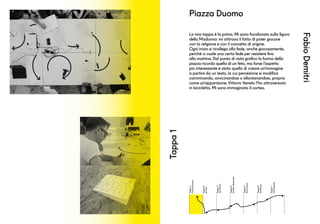 Piazza Duomo
FabioDemitri
Tappa1
La mia tappa è la prima. Mi sono focalizzato sulla figura
della Madonna: mi attirava il fatto di poter giocare
con la religione e con il concetto di origine.
Ogni inizio si ricollega alla fede, anche giocosamente,
perché ci vuole una certa fede per resistere fino
alla mattina. Dal punto di vista grafico la forma della
piazza ricorda quella di un feto, ma forse l’aspetto
più interessante è stato quello di creare un’immagine
a partire da un testo, la cui percezione si modifica
camminando, avvicinandosi o allontanandosi, proprio
come un’apparizione. Vittorio Veneto l’ho attraversata
in bicicletta. Mi sono immaginato il corteo.
Tappa1
PiazzaDuomo
Tappa2
Aifrati
Tappa3
ViaManin
Tappa4
ViaSanGottardo
Tappa5
ViaCavour
Tappa6
ViaRoma
Tappa7
ViaCaprera
 