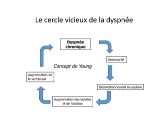 Le	
  cercle	
  vicieux	
  de	
  la	
  dyspnée	
  
Dyspnée
chronique
Sédentarité
Déconditionnement musculaire
Augmentation des lactates
et de l’acidose
Augmentation de
la ventilation
Concept de Young
 