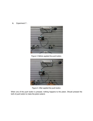 ii.   Experiment 7 :




                         Figure 3: Before applied the push button.




                          Figure 4: After applied the push button.

When one of the push button is pressed, nothing happens to the piston. Should pressed the
both of push button to make the piston extend.
 