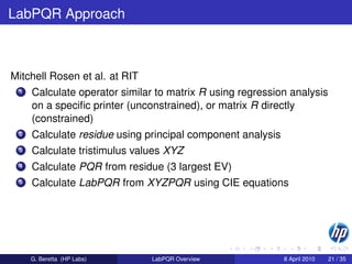 LabPQR Approach



Mitchell Rosen et al. at RIT
 1   Calculate operator similar to matrix R using regression analysis
     on a speciﬁc printer (unconstrained), or matrix R directly
     (constrained)
 2   Calculate residue using principal component analysis
 3   Calculate tristimulus values XYZ
 4   Calculate PQR from residue (3 largest EV)
 5   Calculate LabPQR from XYZPQR using CIE equations




     G. Beretta (HP Labs)      LabPQR Overview              8 April 2010   21 / 35
 