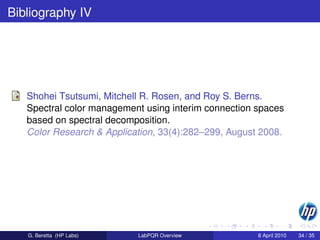 Bibliography IV




   Shohei Tsutsumi, Mitchell R. Rosen, and Roy S. Berns.
   Spectral color management using interim connection spaces
   based on spectral decomposition.
   Color Research & Application, 33(4):282–299, August 2008.




   G. Beretta (HP Labs)    LabPQR Overview            8 April 2010   34 / 35
 
