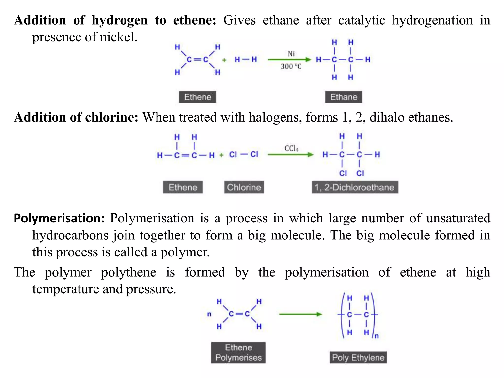 Addition of hydrogen to ethene: Gives ethane after catalytic hydrogenation in
presence of nickel.
Addition of chlorine: When treated with halogens, forms 1, 2, dihalo ethanes.
Polymerisation: Polymerisation is a process in which large number of unsaturated
hydrocarbons join together to form a big molecule. The big molecule formed in
this process is called a polymer.
The polymer polythene is formed by the polymerisation of ethene at high
temperature and pressure.
 