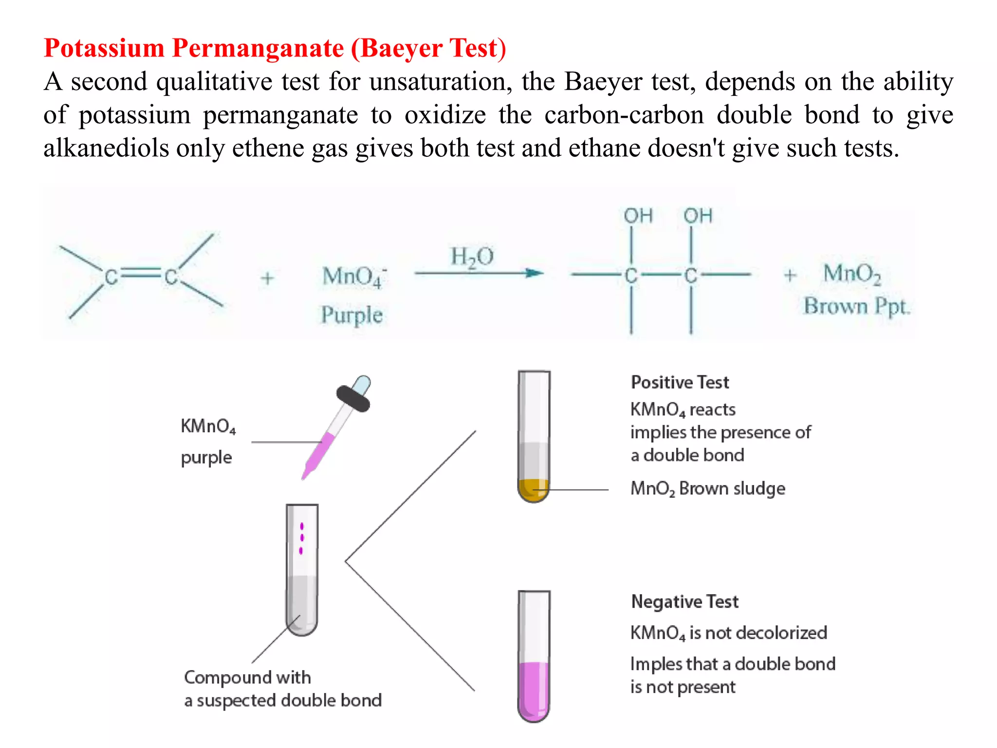 Potassium Permanganate (Baeyer Test)
A second qualitative test for unsaturation, the Baeyer test, depends on the ability
of potassium permanganate to oxidize the carbon-carbon double bond to give
alkanediols only ethene gas gives both test and ethane doesn't give such tests.
 