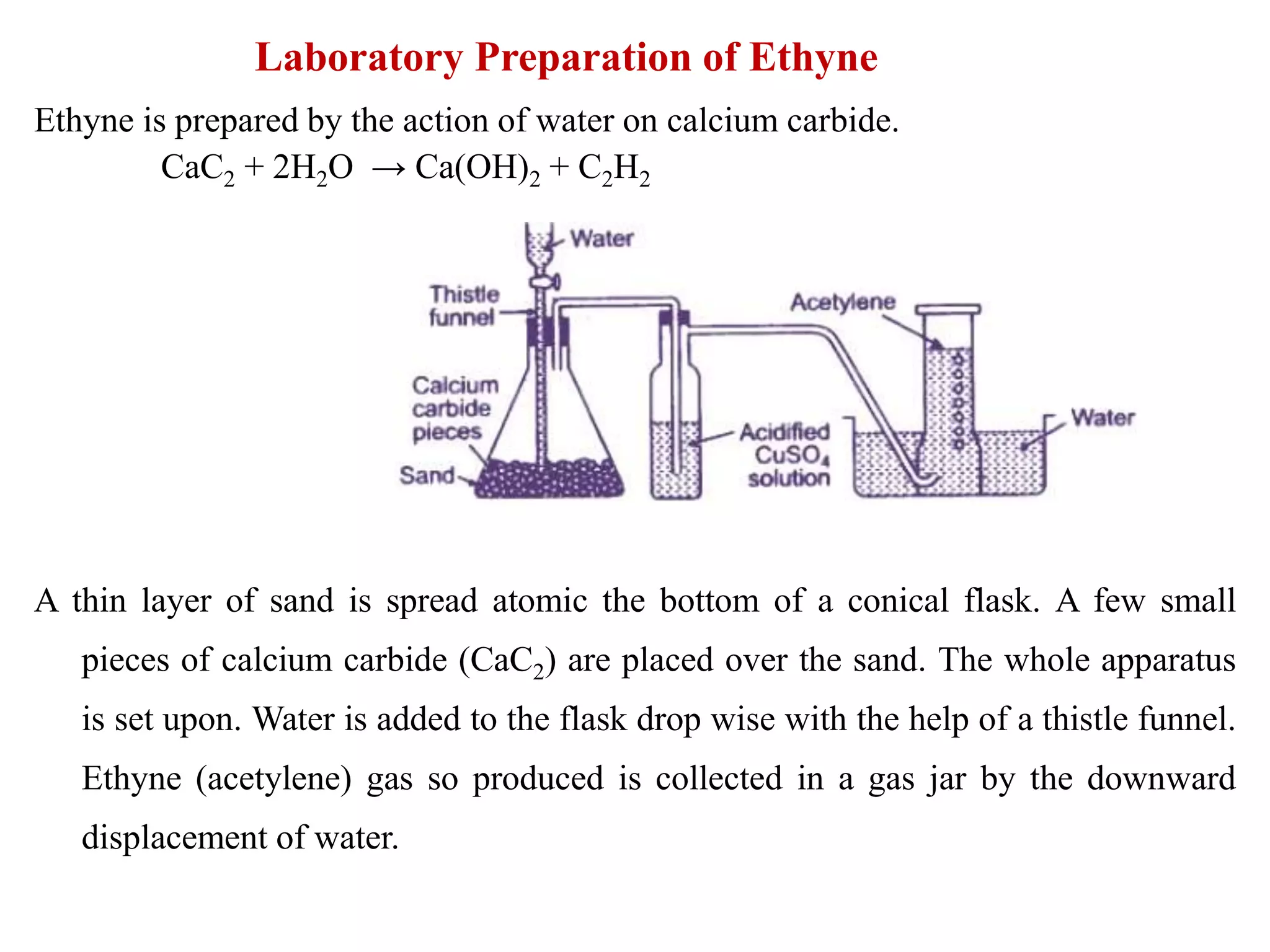 Laboratory Preparation of Ethyne
Ethyne is prepared by the action of water on calcium carbide.
CaC2 + 2H2O → Ca(OH)2 + C2H2
A thin layer of sand is spread atomic the bottom of a conical flask. A few small
pieces of calcium carbide (CaC2) are placed over the sand. The whole apparatus
is set upon. Water is added to the flask drop wise with the help of a thistle funnel.
Ethyne (acetylene) gas so produced is collected in a gas jar by the downward
displacement of water.
 