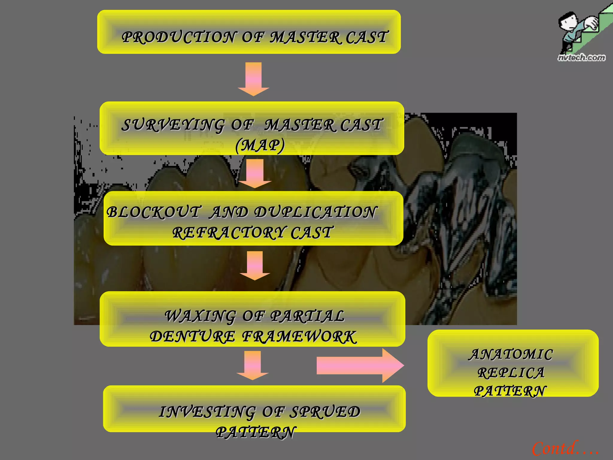 PRODUCTIONPRODUCTION OF MASTER CASTOF MASTER CAST
SURVEYING OF MASTER CASTSURVEYING OF MASTER CAST
(MAP)(MAP)
BLOCKOUT AND DUPLICATIONBLOCKOUT AND DUPLICATION
REFRACTORY CASTREFRACTORY CAST
WAXING OF PARTIALWAXING OF PARTIAL
DENTURE FRAMEWORKDENTURE FRAMEWORK
INVESTING OF SPRUEDINVESTING OF SPRUED
PATTERNPATTERN
ANATOMICANATOMIC
REPLICAREPLICA
PATTERNPATTERN
Contd….
 