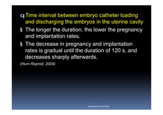qTime interval between embryo catheter loading
and discharging the embryos in the uterine cavity
§ The longer the duration, the lower the pregnancy
and implantation rates.
§ The decrease in pregnancy and implantation
rates is gradual until the duration of 120 s, and
decreases sharply afterwards.
(Hum Reprod. 2004)
ABOUBAKR ELNASHAR
 