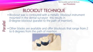 BLOCKOUT TECHNIQUE
• Blockout wax is contoured with a metallic blockout instrument
mounted in the dental surveyor this results in
0-degree blockout (parallel to the path of insertion).
• Other blades are available and offer blockouts that range from 2
to 6 degrees from the path of insertion.
Removable partial denture
Lap ProceduresParallel
 