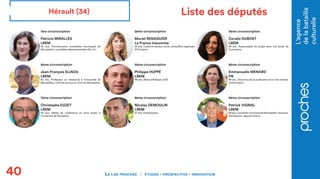 L'agence
delabataille
culturelle
40 Le lab proches études - prospective - innovation
Liste des députés
1ère circonscriptio...