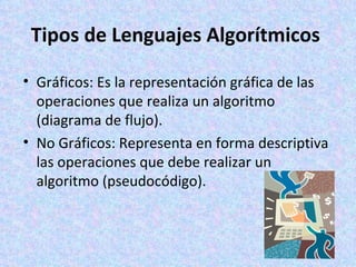 Tipos de Lenguajes Algorítmicos Gráficos: Es la representación gráfica de las operaciones que realiza un algoritmo (diagrama de flujo). No Gráficos: Representa en forma descriptiva las operaciones que debe realizar un algoritmo (pseudocódigo).