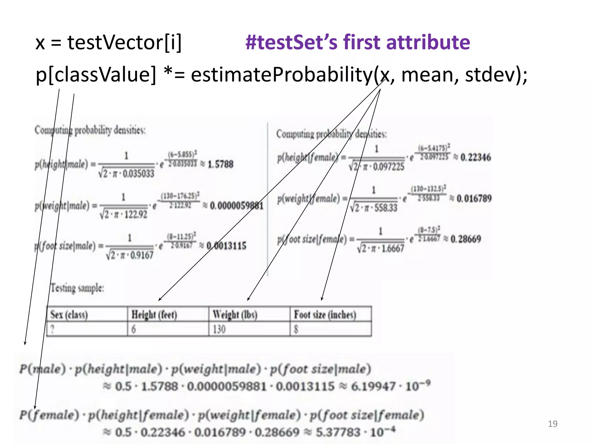x = testVector[i] #testSet’s first attribute
p[classValue] *= estimateProbability(x, mean, stdev);
19
 