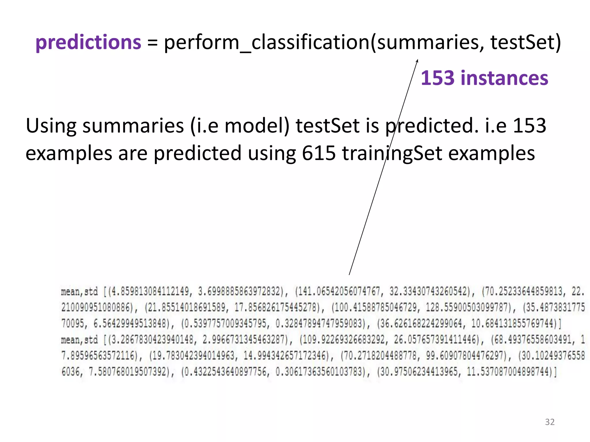 predictions = perform_classification(summaries, testSet)
153 instances
32
Using summaries (i.e model) testSet is predicted. i.e 153
examples are predicted using 615 trainingSet examples
 